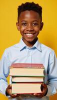 Smiling African American Schoolboy holding books against vibrant yellow backdrop conveys educational enthusiasm photo