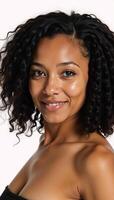 Stunning African American model portrayed with curly braids and a sharp jawline against a white background in the style of Beautiful Portraits concept photo