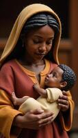 A soulful African American Nativity Scene portrays Mary Joseph and Baby Jesus in vibrant warm tones highlighting cultural authenticity and an intimate loving familial moment photo