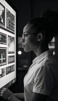 Black female IT specialist examining cyber threats ARAI elements sideprofile view with copy space for text overlay photo