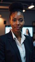 A digitally painted portrait features a confident African American woman leading a remote work team meeting photo