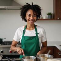 A smiling happy AfricanAmerican woman cooking in green apron stock image photo