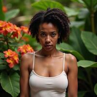 Disappointed vacation reflection by an AfricanAmerican woman with visible signs of travel regret and holiday failure photo