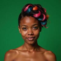 A vibrant African American woman with electrifying hair color displays creativity and boldness on an emerald backdrop photo