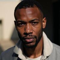 a confident black male model posed against a backdrop photo