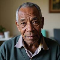 An elderly AfricanAmerican man gazes into the lens within a nursing home setting photo