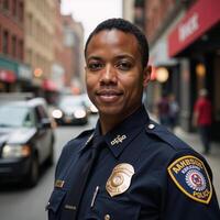 Mature African American police officer depicted against backdrop of city street photo