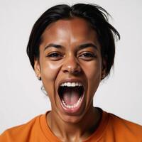 Neuralgenerated headshot of an angry young Black woman yelling fictional photo