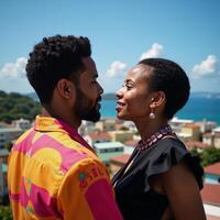 Punkstyle image portrays an African American couple admiring a sunset view of London from a Jamaican rooftop photo