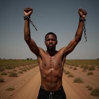 African American slave breaking free from chains symbolizing emancipation photo
