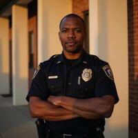A confident police officer stands outside in an authoritative pose photo