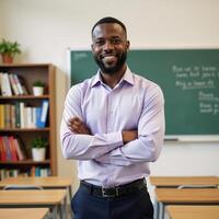 A selfassured black male educator standing assertively in a classroom setting arms folded photo
