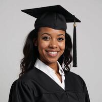 A beaming young AfricanAmerican woman graduate is depicted in formal attire black cap tunic smiling confidently towards the viewer photo