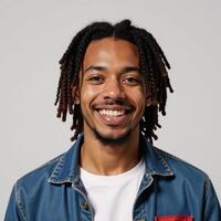Cheerful Gen Z black man with dreadlocks exudes positive vibes and youthfulness in a vibrant image ideal for diversity inclusivity and modern youth representation photo