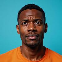 Portrait of puzzled African American man in orange top set against vibrant blue backdrop photo