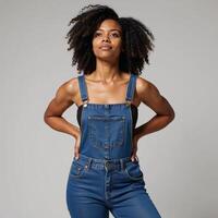 A confident AfricanAmerican woman with an Afro sports denim overalls while gazing upward photo