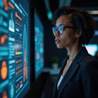HighTech Control Room Vibrant Hologram Showcases Cyber Threats by Black Female Expert in Advanced Tech Setting photo