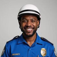 A smiling African American security guard wears a blue uniform and helmet photo