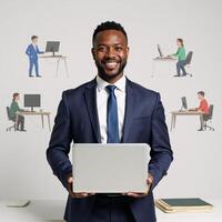 An African American man named David smiles while holding a laptop in an officethemed portrait featuring cartoon characters communicating via computer against a clean white backdrop photo
