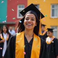African American female graduate celebrates with confetti on university campus dressed in vibrant gown cap capturing joyous triumphant moment under bright natural light photo