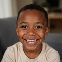Closeup portrait of happy African American child radiating joy and innocence photo
