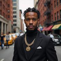 Portrait of stylish AfricanAmerican man with dreadlocks against urban backdrop photo
