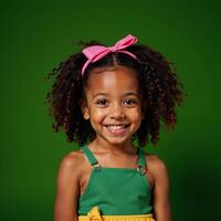 A happy African American girl with curls against a vibrant green backdrop in a beautiful unique 4K image photo