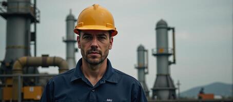Worker in helmet against gritty industrial backdrop Double Exposure photo