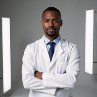 Portrait highlighting African American doctors set against white background photo