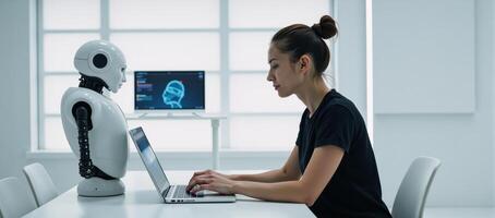 A robot programmer works within a sleek advanced technology office surrounded by circuit boards digital displays and AIrelated imagery photo
