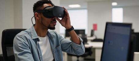 A male African American software developer tests VR user experience in an offices copy room while wearing a VR headset photo