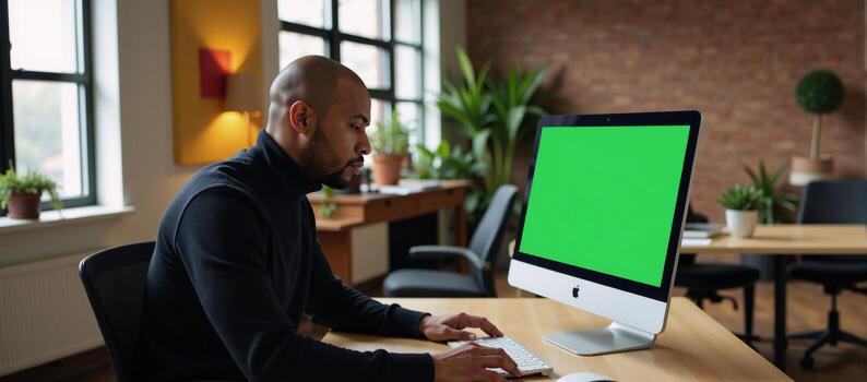 Stylish black male project manager on desktop PC working in a busy creative office against a greenscreen background photo