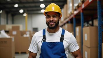 A smiling AfricanAmerican warehouse worker is depicted in his work uniform photo