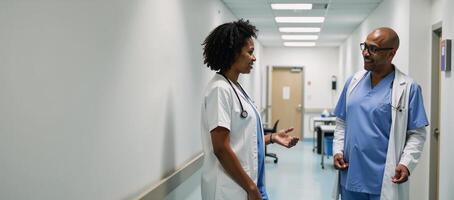 AfricanAmerican physician and nurse conversing in a hospital hallway photo