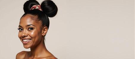 An elegant portrait featuring an AfricanAmerican woman with a striking double bun hairstyle that embodies culture and style photo