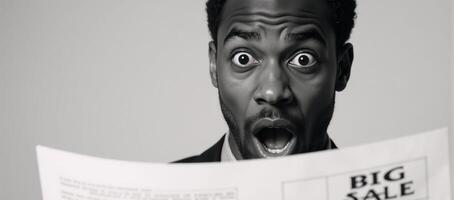 Pop Art Retro Comic Style depicts an AfricanAmerican man with a shocked and surprised expression upon learning about unbelievable news or big sales photo