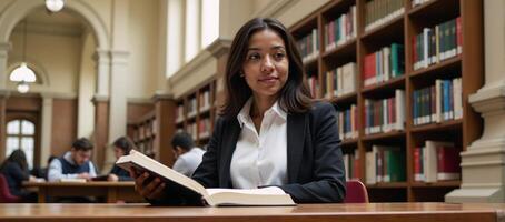 Young AfricanAmerican woman reads an educational book at the college library photo