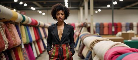 African American fashion designer confidently poses in a fabric store surrounded by rolls of cloth in a warehouse setting photo