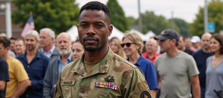 joyful tribute to AfricanAmerican veteran showcasing his pride and festive spirit while in military attire photo
