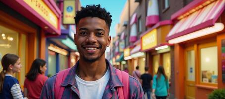 Digital painting featuring a colorful background with a handsome AfricanAmerican young boy as the subject in a generic cartoon movie style photo