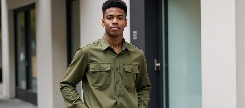 Modern minimalist blackandwhite photograph features a young man in uniform and hands in his pockets against a blurred urban backdrop of a sleek modern building photo
