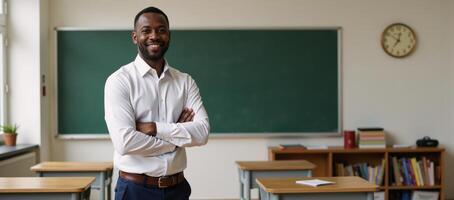 Portrait depicting an AfricanAmerican middleaged male teacher in his classroom setting photo