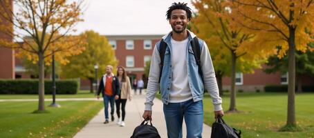 An AfricanAmerican man smiles while casually walking through campus carrying two backpacks photo