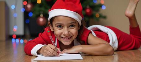 A joyful girl in Christmas hat lies on floor with pencilpaper smiles at camera amidst a blured vibrant lighting backdrop Colorful Light Setting photo