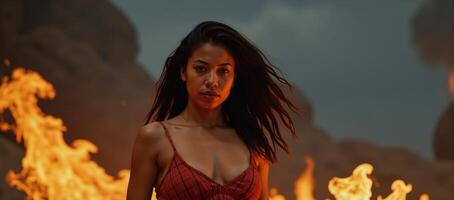 African American supernatural woman ablaze with fiery red hair walking through flames in an ethnic setting photo