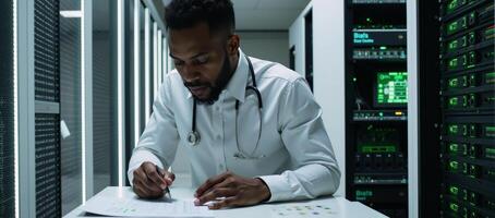 Artificial Intelligence Cybersecurity Threat Concept African American Male IT Specialist Analyzing Data Leaks in Server Room photo