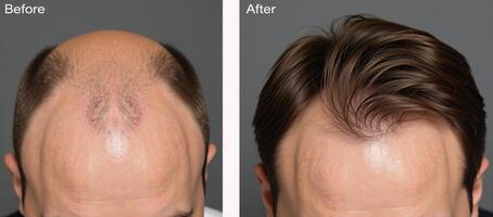 BeforeandAfter image showcasing clinical transformation from hair loss to restored hair using a restorative treatment photo