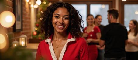 A smiling attractive Black woman wearing Santa Claus attire poses amidst a festive Christmas scene during a joyous New Years celebration leaving ample room for text overlays or additional elements photo