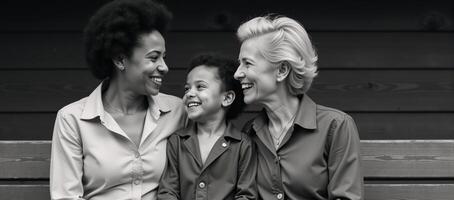 AfricanAmerican mother daughter and grandmother smiling together in a nostalgic blackandwhite photograph photo
