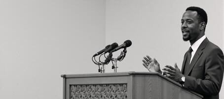 AfricanAmerican man giving an impactful speech on podium with microphone photo